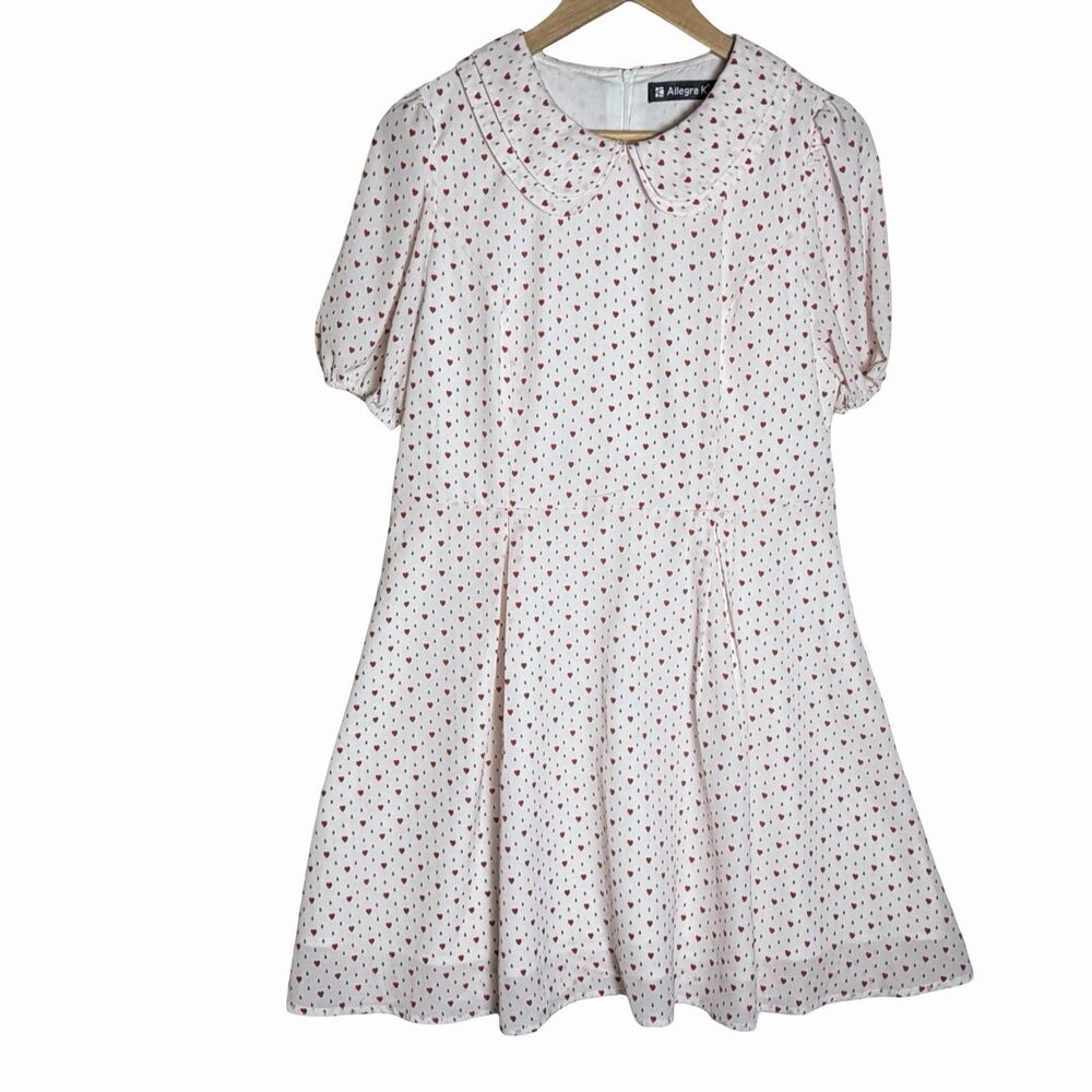 Allegra K Heart Dress Women's Large Red White Peter Pan Collar Lined School Girl
